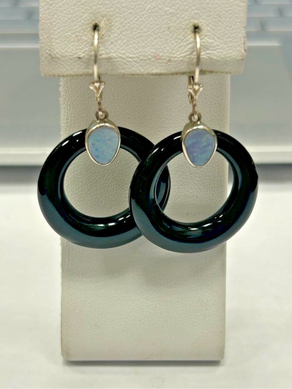 Vintage WK Whitney Kelly Onyx And Opal Sterling Silver Hoop Earrings